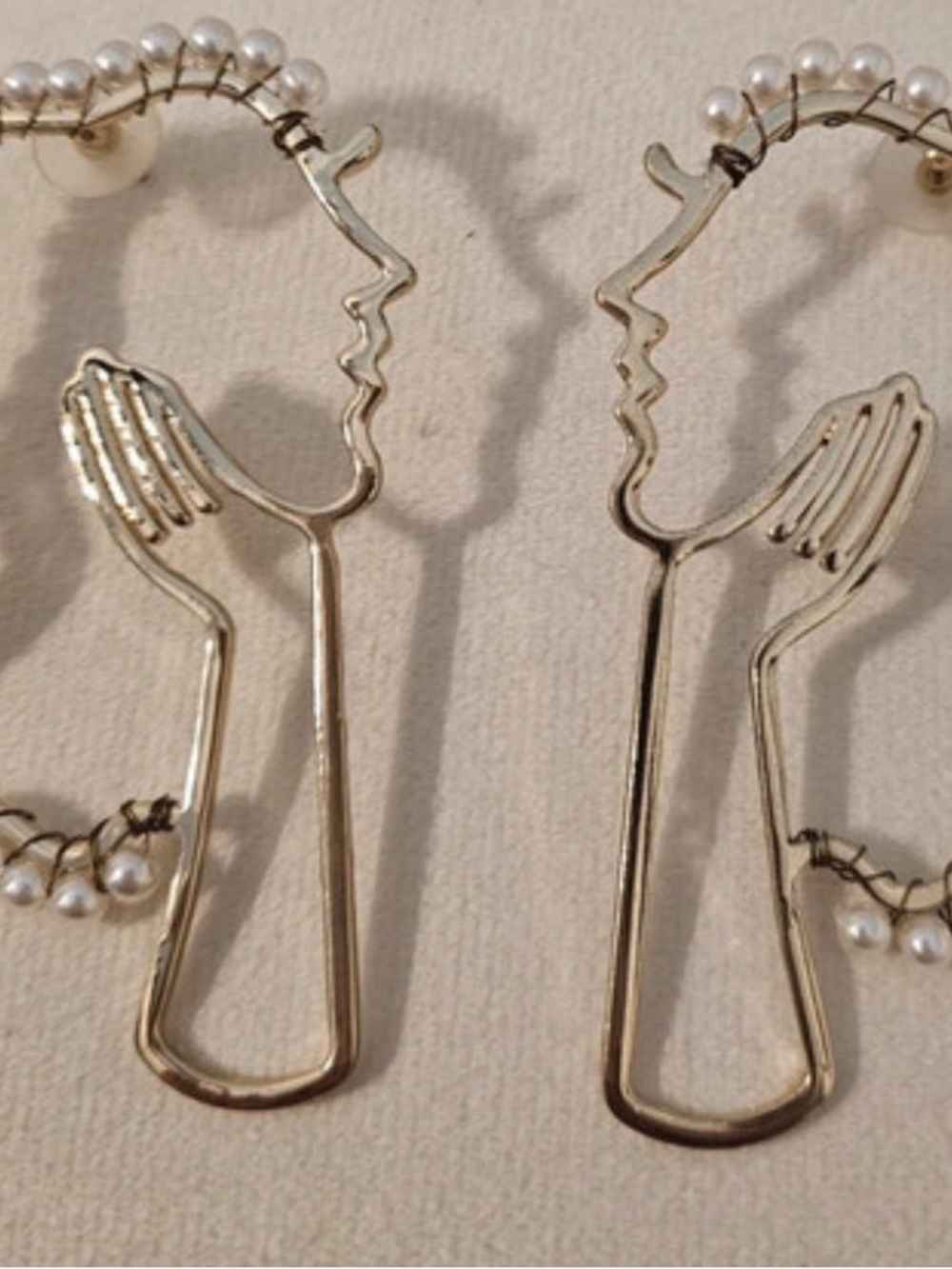Minimalist Abstract Face Hoop Earrings in Silver with Pearl Accents